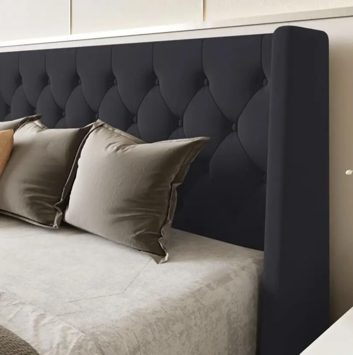 61nuZKyk9UL._SL1169_ Custom Decor Fabric Upholstered King Size Bed with Button Tufted Headboard for Bedroom || Solid Wood Bed | (Black Koa, King (U.K. Standard)) - Image 5