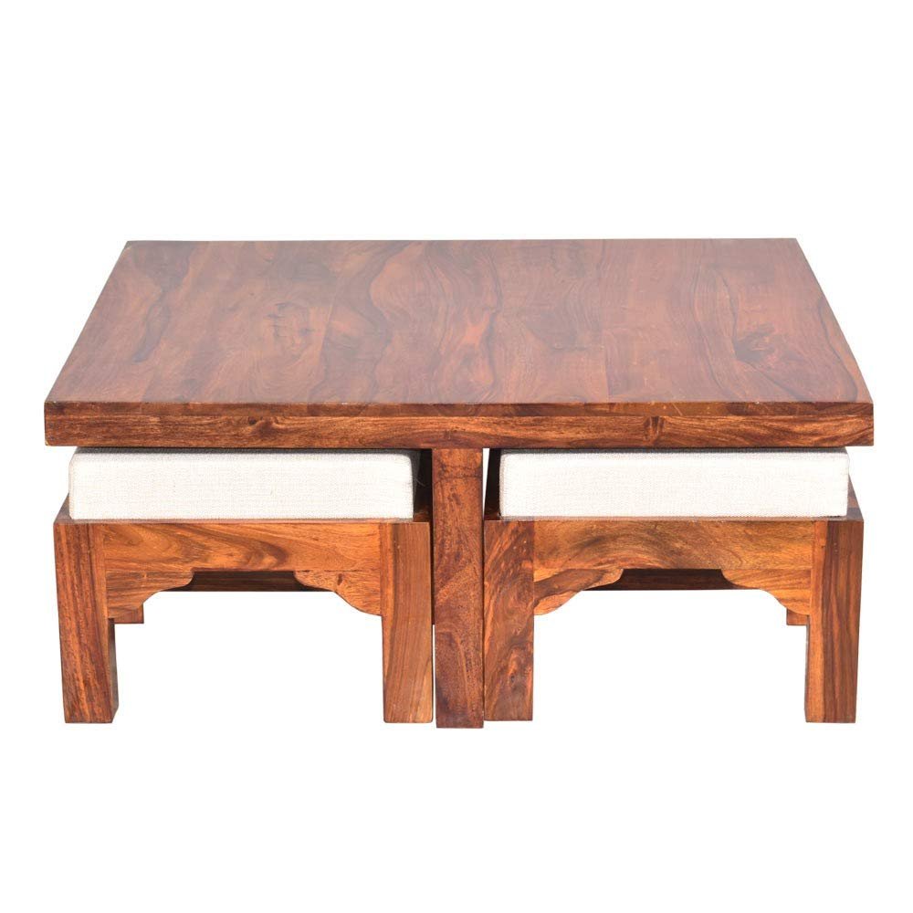 61nwDxEB87L._SL1000_ Custom Decor Wooden Coffee Table with 4 Stools for Living Room | Glossy Polish Teak Finish, with Cushion - Image 4