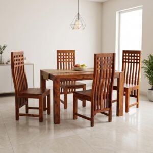 Custom Decor Sheesham Wood Wooden Dining Table with 4 Curvy Chairs | Home and Living Room | Teak Finish | Brown