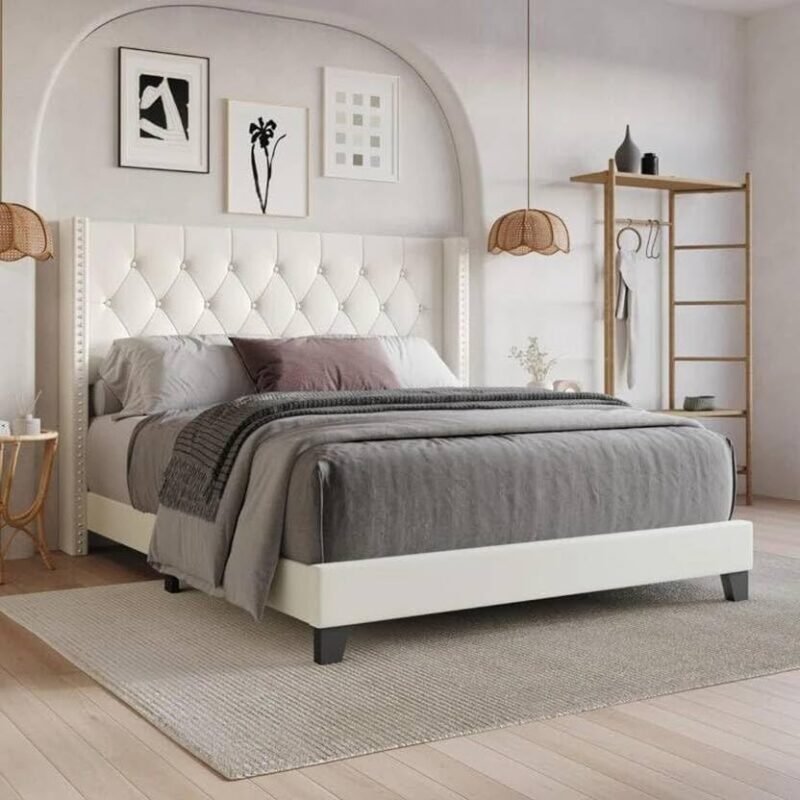 Custom Decor Fabric Upholstered King Size Bed with Button Tufted Headboard for Bedroom || Solid Wood Bed | (White Cassius, King (U.K. Standard))