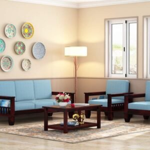 Custom Decor Sheesham Wood 3+1+1 Seater Sofa Set for Living Room | 5 Seater | Walnut Finish | Blue Fabric | Contemporary Style