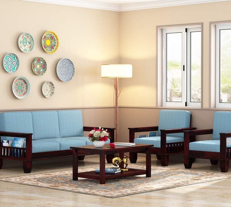 Custom Decor Sheesham Wood 3+1+1 Seater Sofa Set for Living Room | 5 Seater | Walnut Finish | Blue Fabric | Contemporary Style