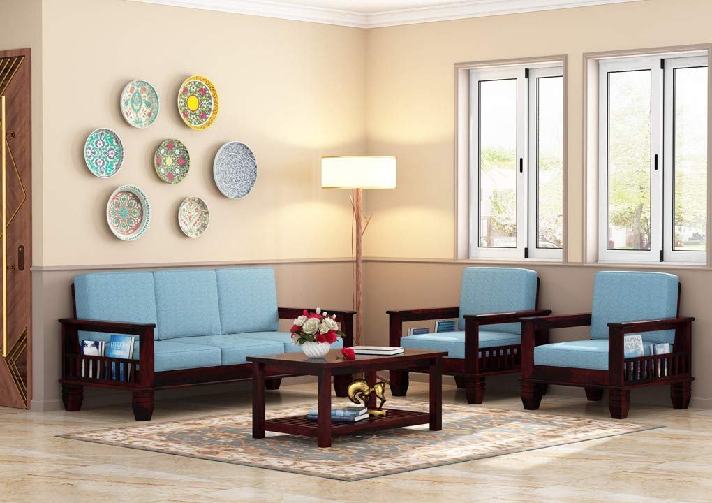 61q+RCK38CL._SL1020_ Custom Decor Sheesham Wood 3+1+1 Seater Sofa Set for Living Room | 5 Seater | Walnut Finish | Blue Fabric | Contemporary Style