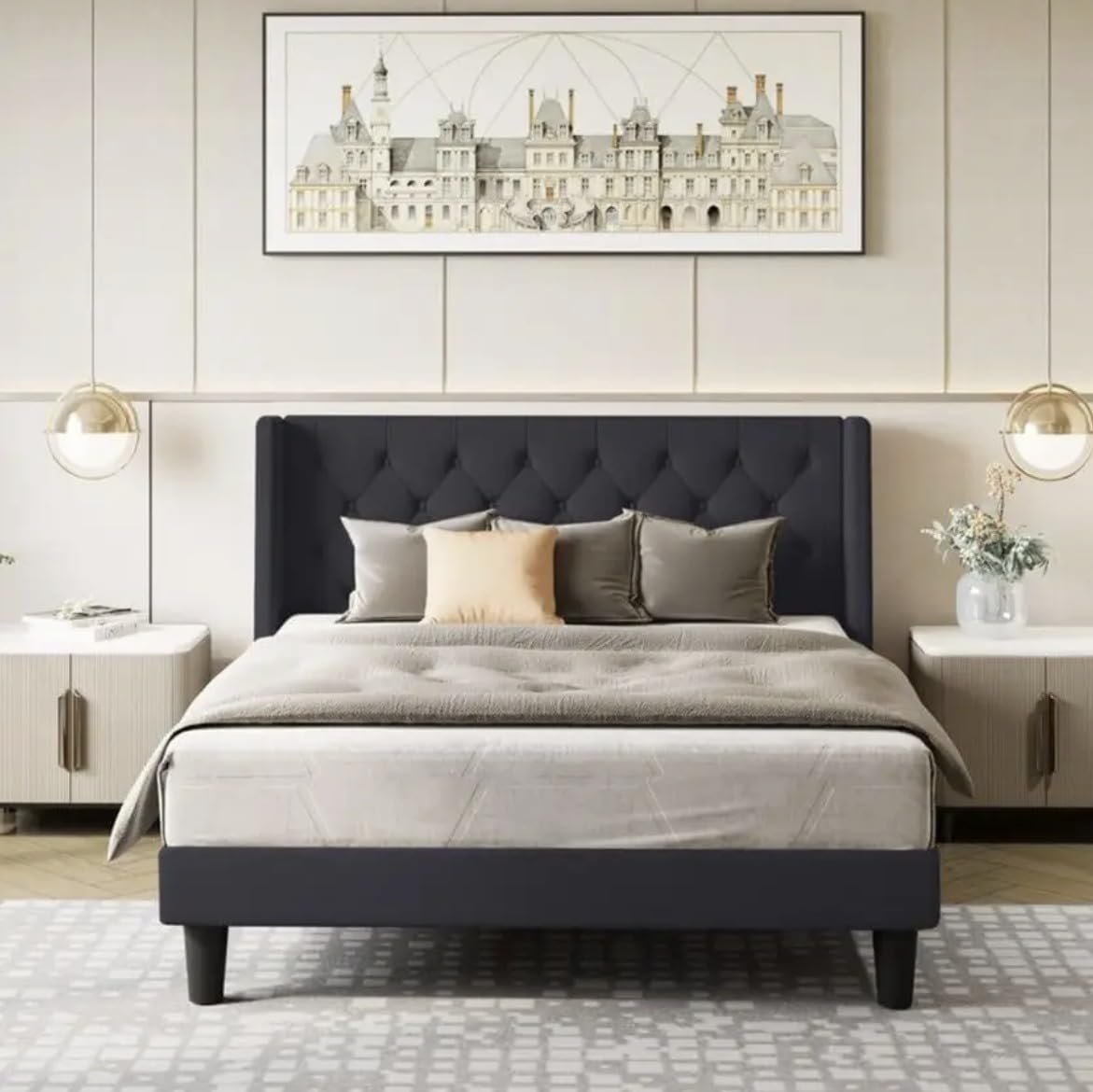 61s1wNwCkPL._SL1171_ Custom Decor Fabric Upholstered King Size Bed with Button Tufted Headboard for Bedroom || Solid Wood Bed | (Black Koa, King (U.K. Standard)) - Image 4