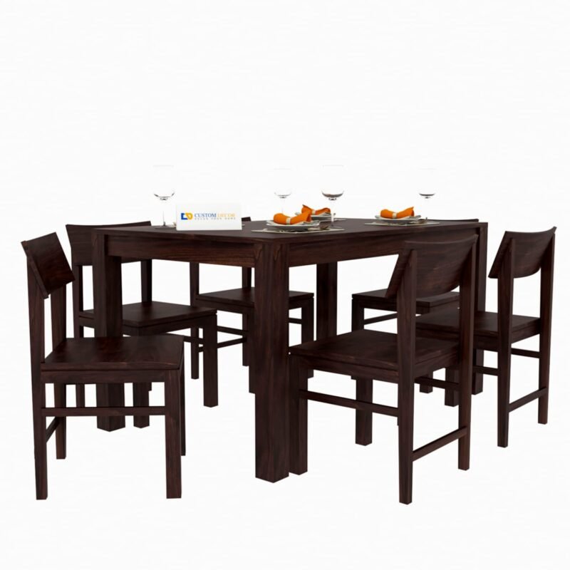 Custom Decor Sheesham Solid Wood Six Seater Dining Table with Six Chairs with Beige Cushion for Dining Room & Restaurant | Finish - Warm Chestnut