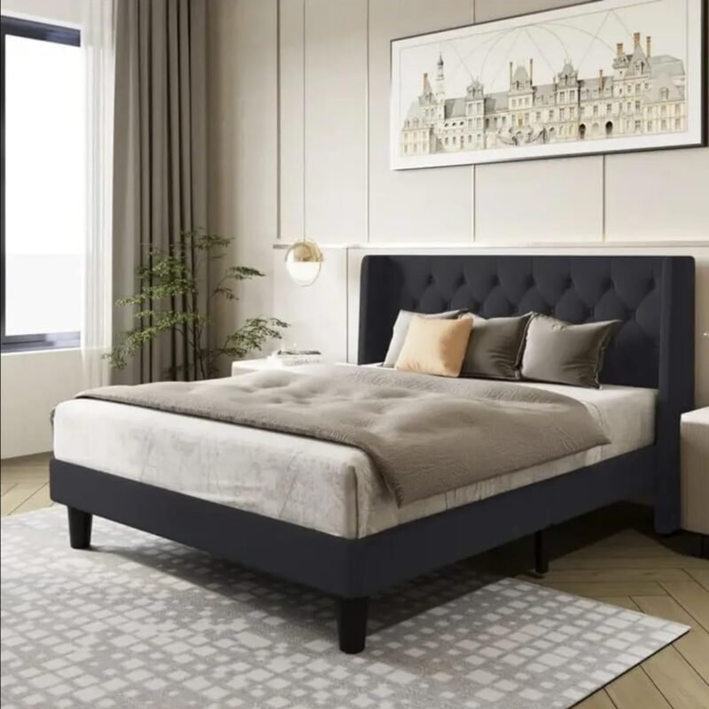 Custom Decor Fabric Upholstered King Size Bed with Button Tufted Headboard for Bedroom || Solid Wood Bed | (Black Koa, King (U.K. Standard))