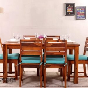 Custom Decor Sheesham Wooden Dining Table Six Seater | Dining Table Set with 4 Chairs with One Bench | Home Dining Room Furniture | Teak Finish with Sky Beige Cushions