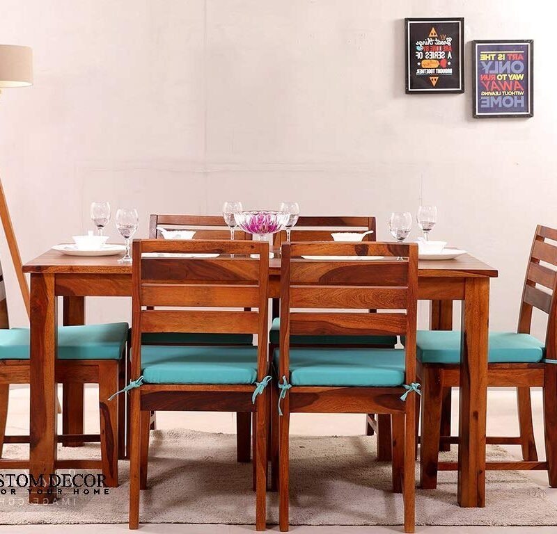 Custom Decor Sheesham Wooden Dining Table Six Seater | Dining Table Set with 4 Chairs with One Bench | Home Dining Room Furniture | Teak Finish with Sky Beige Cushions
