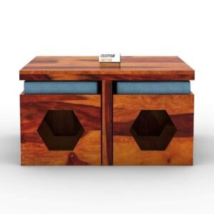 Custom Decor Wooden Coffee Table with 4 Stools for Living Room | Honey Finish, with Cushion (Design 1, Blue)