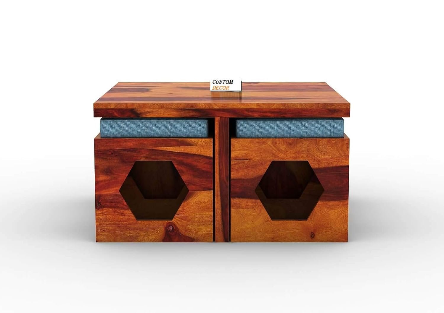 61zxVSpB6vL._SL1500_ Custom Decor Wooden Coffee Table with 4 Stools for Living Room | Honey Finish, with Cushion (Design 1, Blue)
