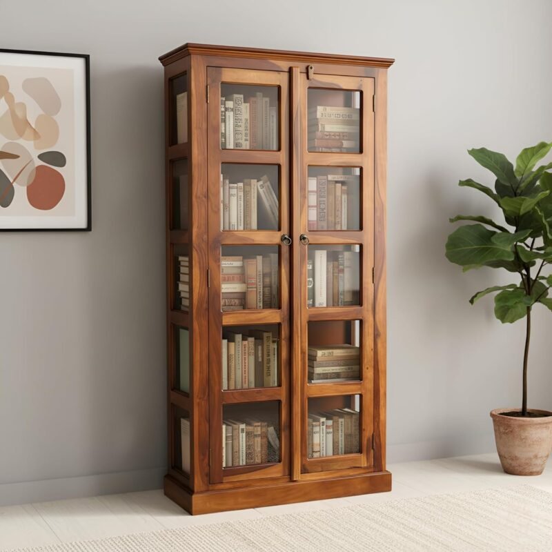 Custom Decor Sheesham Wood Book Shelf with Glass Door | Wooden Bookcase and Crockery Cabinet for Home Library Kitchen | Walnut Finish