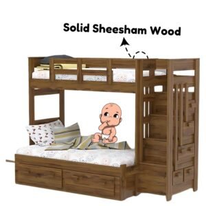 Custom Decor Sheesham Wood Bunk Bed | Wooden Double Bed Bed Furniture for Bedroom | Living Room | Home (Stairs-N)
