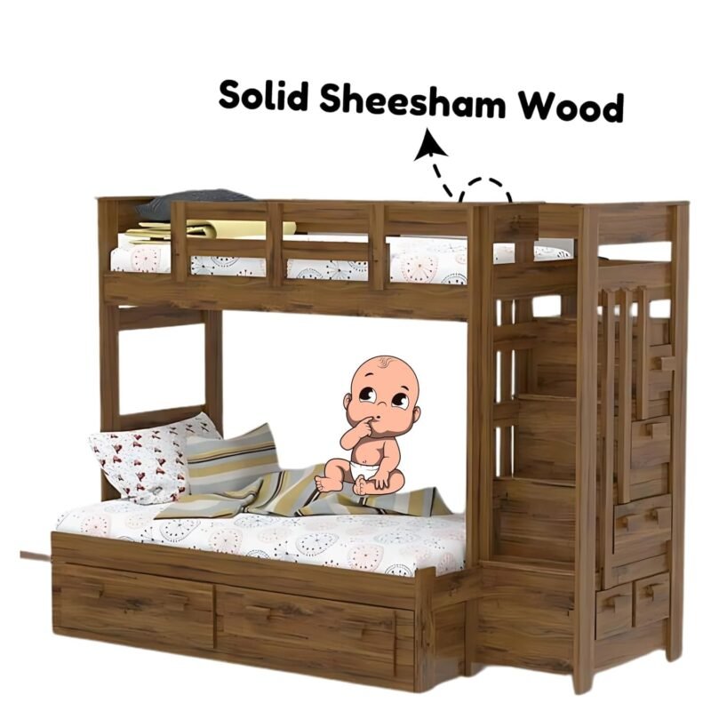 Custom Decor Sheesham Wood Bunk Bed | Wooden Double Bed Bed Furniture for Bedroom | Living Room | Home (Stairs-N)