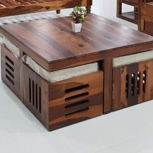 Custom Decor Solid Sheesham Wood Coffee Table with 4 Stools | Center Table for Living Room with Cushioned Stools | Teapoy for Living Room (Modern, 4 Stools)