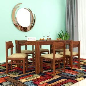 Custom Decor Wood Dinning Table 6 Seater Chair with Beige Cushion | Wooden Dining Table with 6 Chairs - Honey Finish