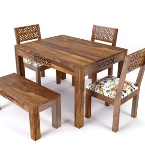 Custom Decor Rectangle Solid Wood CNC 4 Seater Dining Set in Provincial Teak Finish Dining Set and Chairs (4 Seater Dining Table, 4x3 Dining Table with Bench 3 Feet)