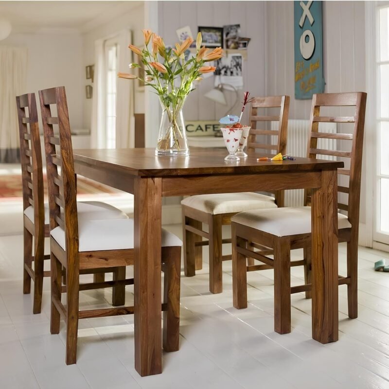 Custom Decor Solid Sheesham Wood Four Seater Dining Table Set with 4 White Colour Cushion Chairs for Dining Room Living Room Home (4 Seater, Seven-Line)