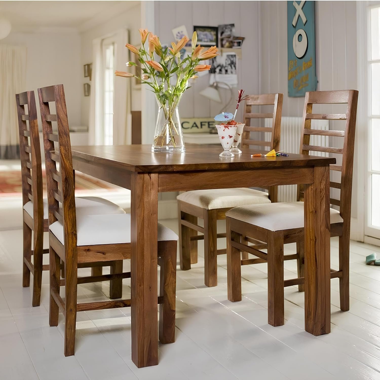 71DXKqtgfCL._SL1500_ Custom Decor Solid Sheesham Wood Four Seater Dining Table Set with 4 White Colour Cushion Chairs for Dining Room Living Room Home (4 Seater, Seven-Line)
