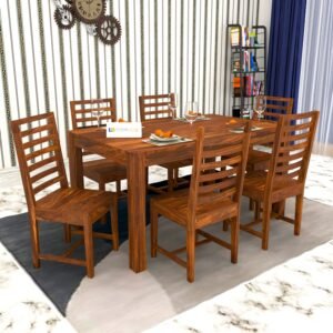 Custom Decor Wood Dinning Table 6 Seater with 7 Line Chair | Wooden Dining Table with 6 Chairs - Honey Finish