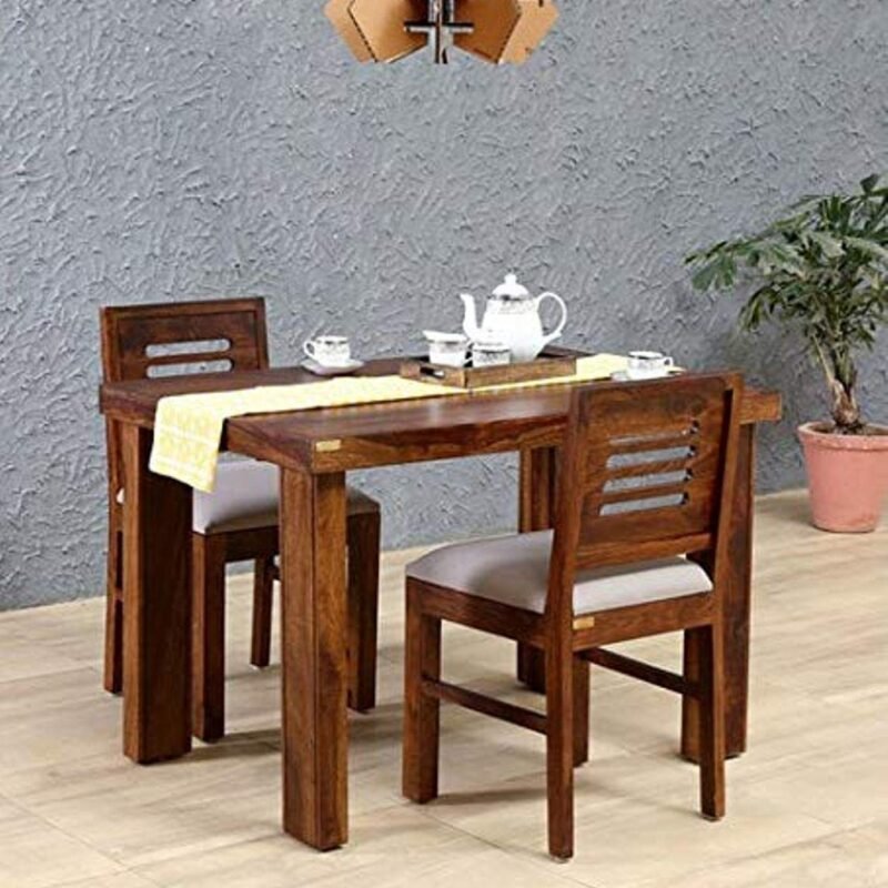 Custom Decor Sheesham Wood Dining Table with 2 Chairs for Living Room | Teak Finish
