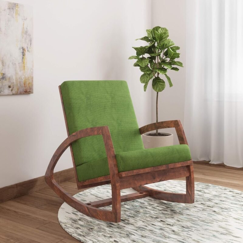 Custom Decor Sheesham Wood Rocking Chair for Adults | Wooden Rocking Chair (Green Cushions | Mahogany Finish) (Green)