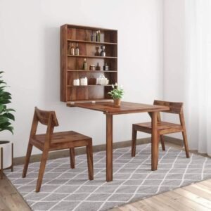 Custom Decor Sheesham Wood Folding Dining Table for Living Room with 2 Chairs | Provincial Teak Finish