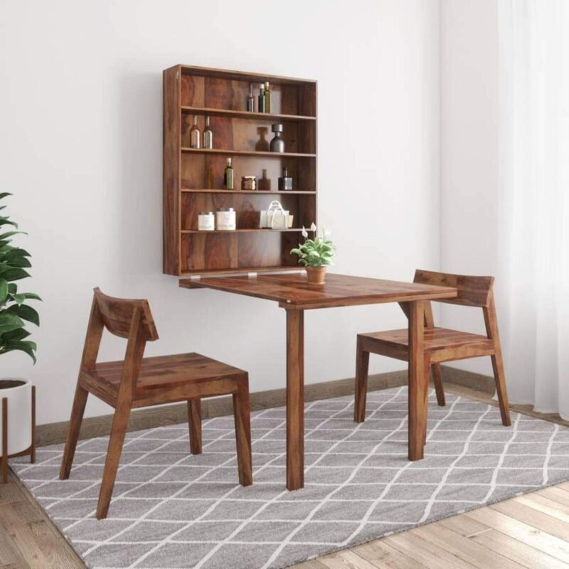 Custom Decor Sheesham Wood Folding Dining Table for Living Room with 2 Chairs | Provincial Teak Finish