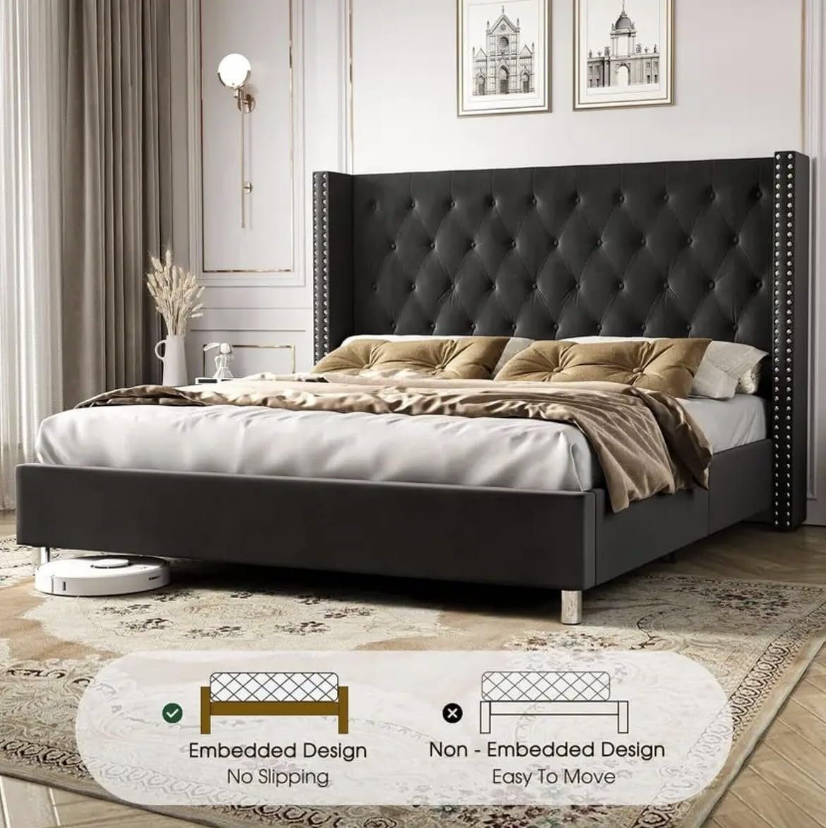 71RUBakg9gL._SL1173_ Custom Decor Fabric Upholstered King Size Bed with Button Tufted Headboard for Bedroom || Solid Wood Bed | (Black Waylen, King (U.K. Standard)) - Image 6