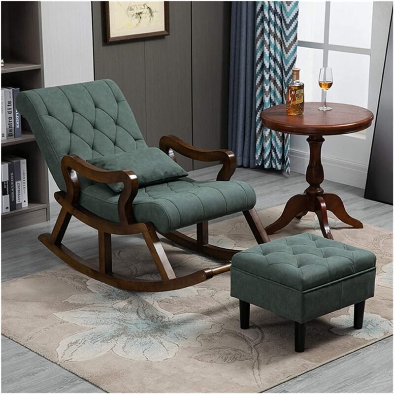 Custom Decor Sheesham Wood Elegant Rocking Chair with Pillow and Matching Foot Stool/Living Room/Rose Wood Rocking Chair/Single Seater Sofa with Footrest,Pre-Assembled (Swed Green) |