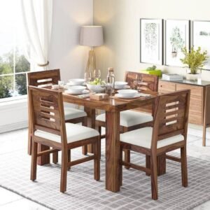 Custom Decor Solid Sheesham Wood Four Seater Dining Table Set with 4 White Colour Cushion Chairs for Dining Room Living Room Home