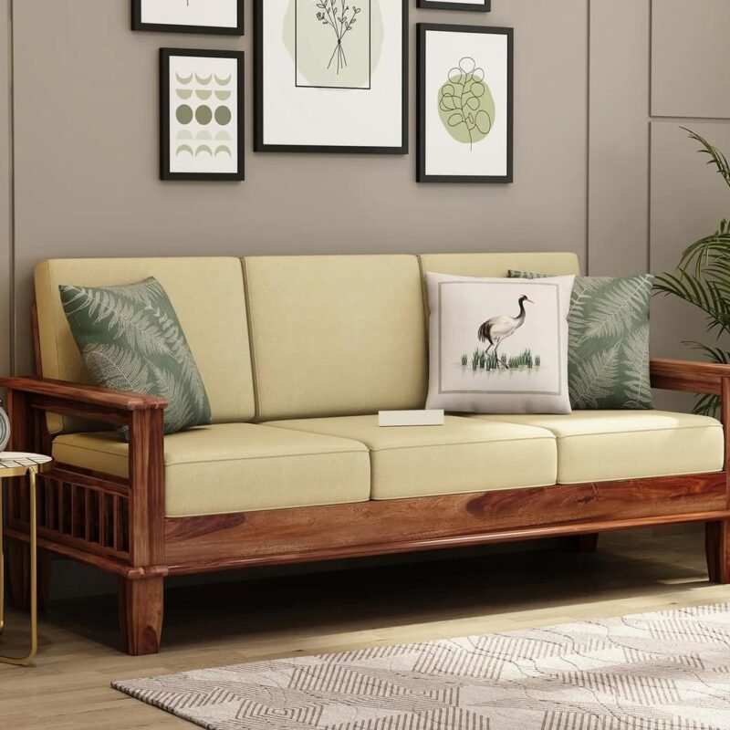 Custom Decor Sheesham Wood 3 Seater Sofa Set for Living Room | Solid Wood Sofa with Cushions and Storage | DIY Assembly - All Accessories Included | (Honey-Beige, 3 Seater)