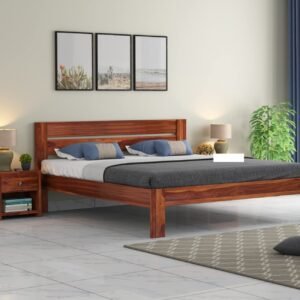 Custom Decor Sheesham Wood King & Queen Size Wooden Storage Bed Solid Back Rest Cushion Honey Finish (Queen, Deisgn 4)