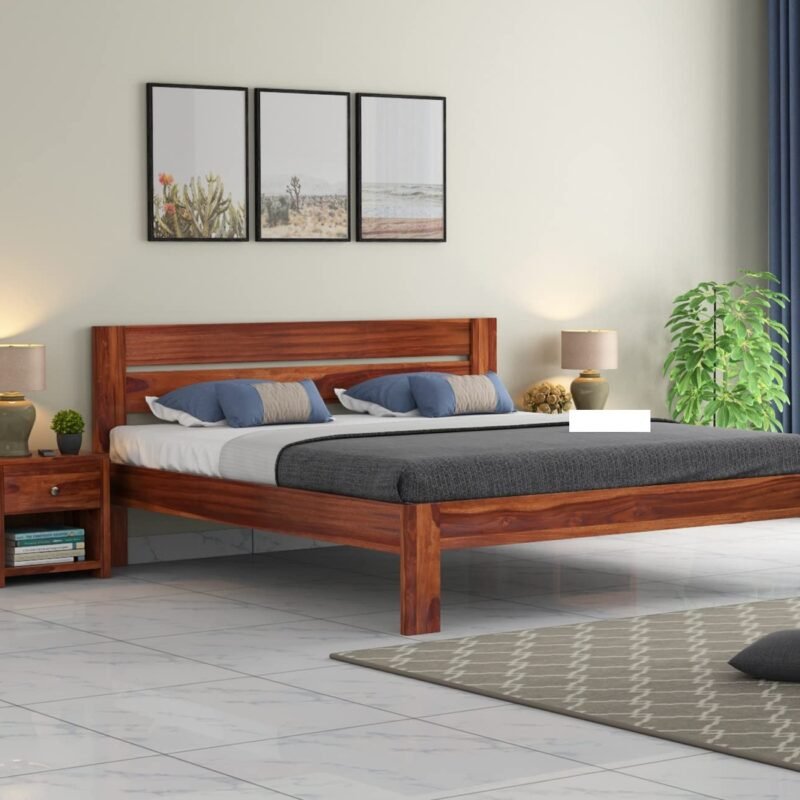 Custom Decor Sheesham Wood King & Queen Size Wooden Storage Bed Solid Back Rest Cushion Honey Finish (Queen, Deisgn 4)