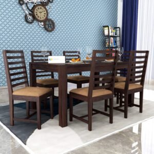 Custom Decor Sheesham Solid Wood Six Seater Dining Table with Six (7 Line) Chair with Cushion for Dining Room & Restaurant | Finish - Warm Chestnut