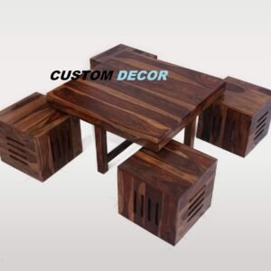 Custom Decor Sheesham Wooden Coffee Table with 4 Stools for Living Room | Matt Polish Finish