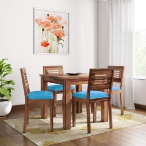 Custom Decor Sheesham Wood Wooden Round Dining Table with 4 Chairs for Living Room | Honey with Sky-Blue Cushioned