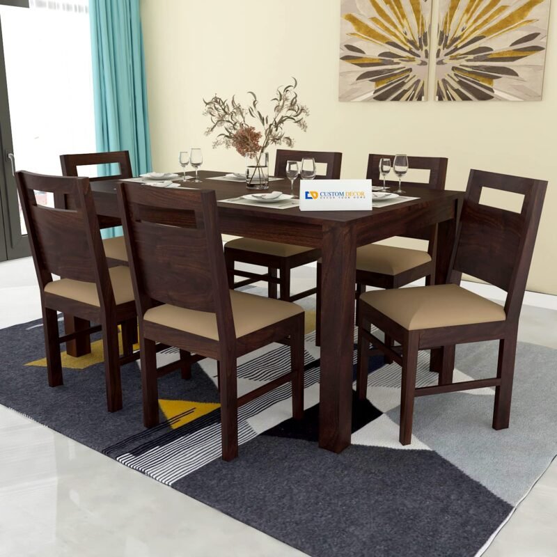 Custom Decor Sheesham Solid Wood Six Seater Dining Table with Six Chairs Back-Cut for Dining Room & Restaurant | Finish - Warm Chestnut…