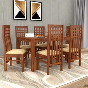 Custom Decor Wood Dinning Table 6 Seater with High Chair with Cushion | Wooden Dining Table with 6 Chairs - Honey Finish