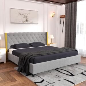 Custom Decor Upholstered King Size Bed for Bedroom | Wooden Double Bed | Platform Cot Bed with Upholstery Premium Fabric | 6.5 x 6 Ft | Sheesham Solid Wood Rosewood (Gray, 83 * 75 * 39 inch)
