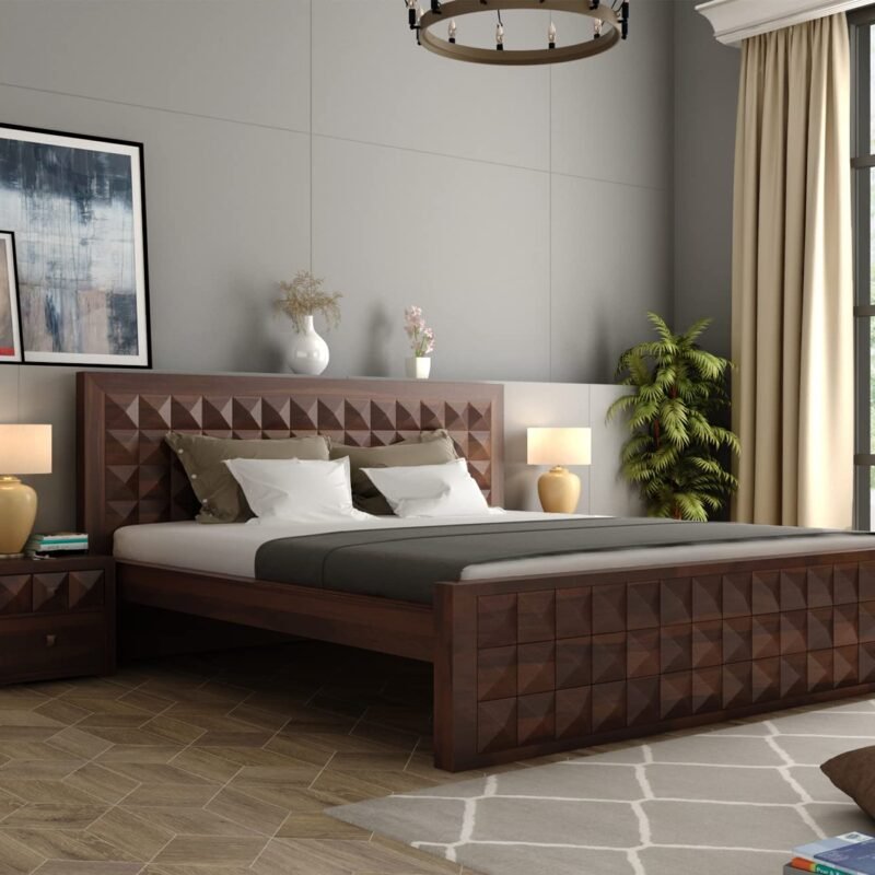 Custom Decor Sheesham Wood King & Queen Size Wooden Storage Bed Solid Back Rest Cushion Honey Finish (Queen, Deisgn 3)