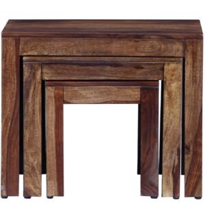 Custom Decor Carissa Solid Wood Stool Set of 3 Nesting Bedside Tables - Indian Sheesham Wood Furniture (Mahogany Color)
