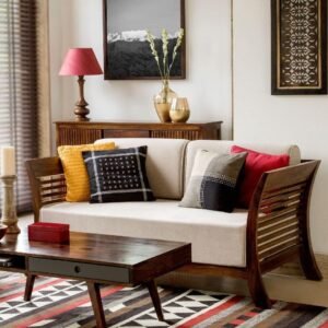 Custom Decor Solid Sheesham Wood Sofa Set | Wooden Sofa Set | Living Room Furniture (3+1+1, Brown)- Red Mahogany All
