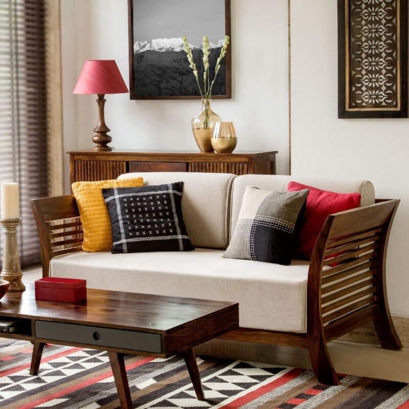 Custom Decor Solid Sheesham Wood Sofa Set | Wooden Sofa Set | Living Room Furniture (3+1+1, Brown)- Red Mahogany All