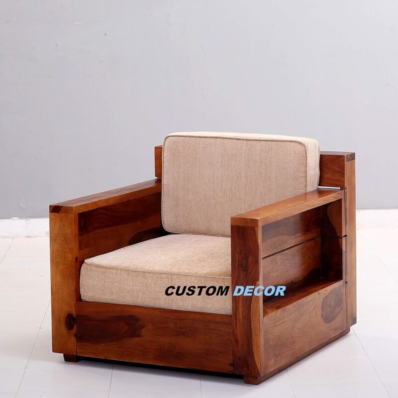 Custom DecorSheesham Wood 1 Seater Natural Finish Single Sofa for Living Room