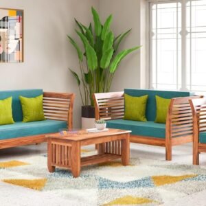 Custom Decor Sheesham Sofa Set for Living Room Wood Furniture | Office | Wooden Sofa Set | Natural Teak Brown (3+2+1) Bottle Green