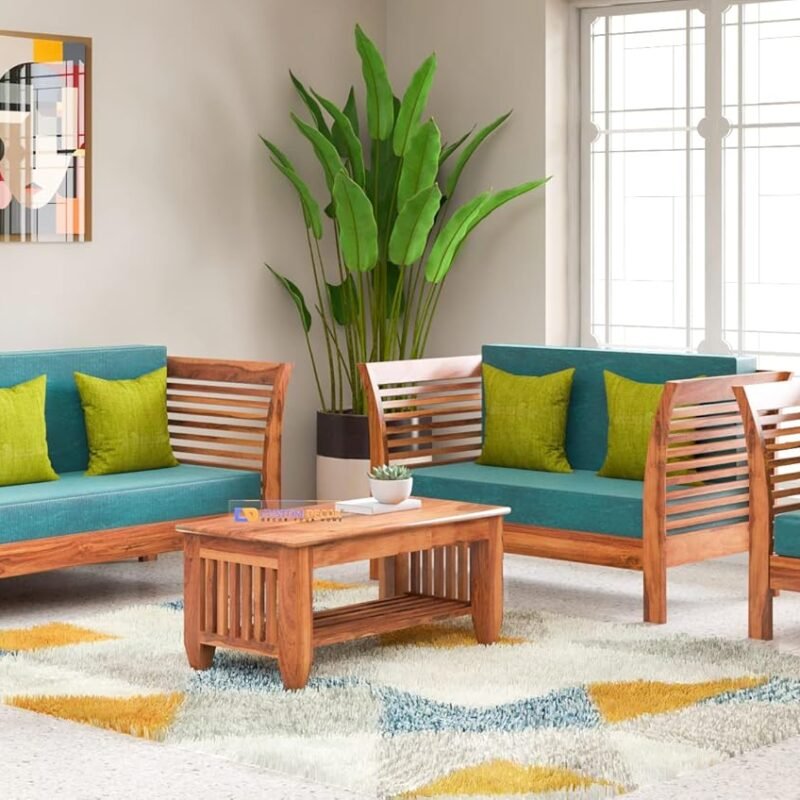 Custom Decor Sheesham Sofa Set for Living Room Wood Furniture | Office | Wooden Sofa Set | Natural Teak Brown (3+2+1) Bottle Green