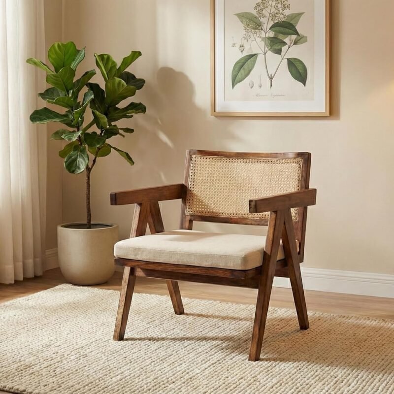 Custom Decor Rattan Accent Arm Chair for Home | Bedroom, Living, Dining & Drawing Room | Ultra Soft and Comfortable for Stress Free Bronx Wood Effect