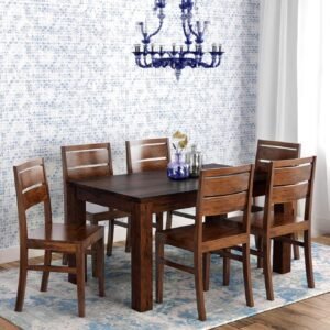 Custom Decor Nexa Square Solid Sheesham Wood Dining Table with 6 Chairs, 7- Piece - Honey Teak Brown