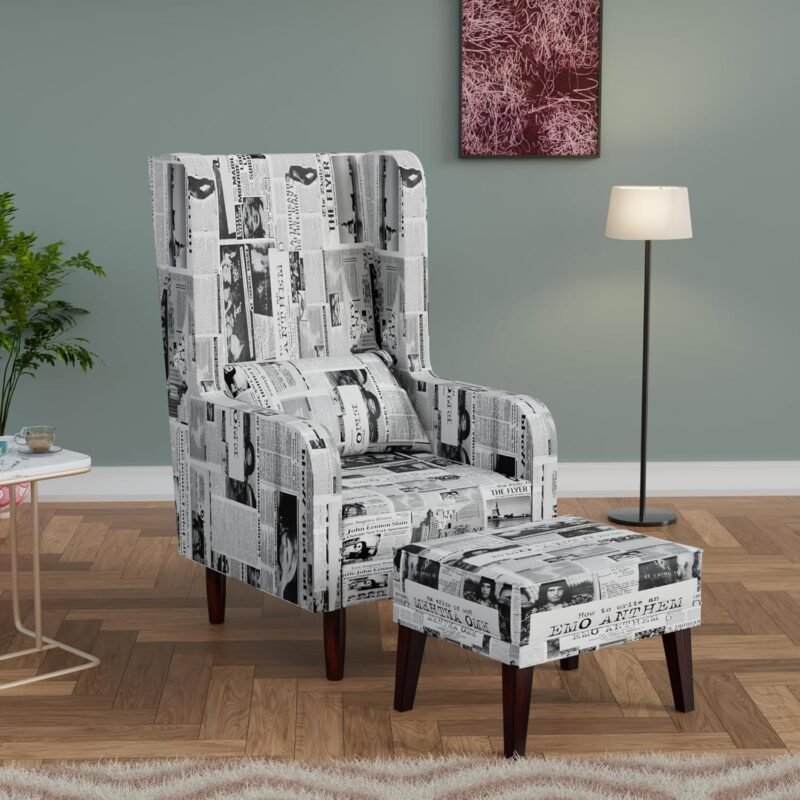 Custom Decor Wooden Wing Chair with Ottoman Stool | Wingback for Living Room | High Density Foam | Accent Chair for Seating, Home Decor Furniture | (Vintage Newsprint 2, with Ottoman)