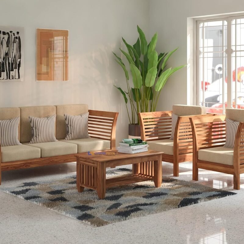 Custom Decor Sheesham Sofa Set for Living Room Wood Furniture | Office | Wooden Sofa Set 3+1+1 | Natural Teak Brown (3+1+1(New))